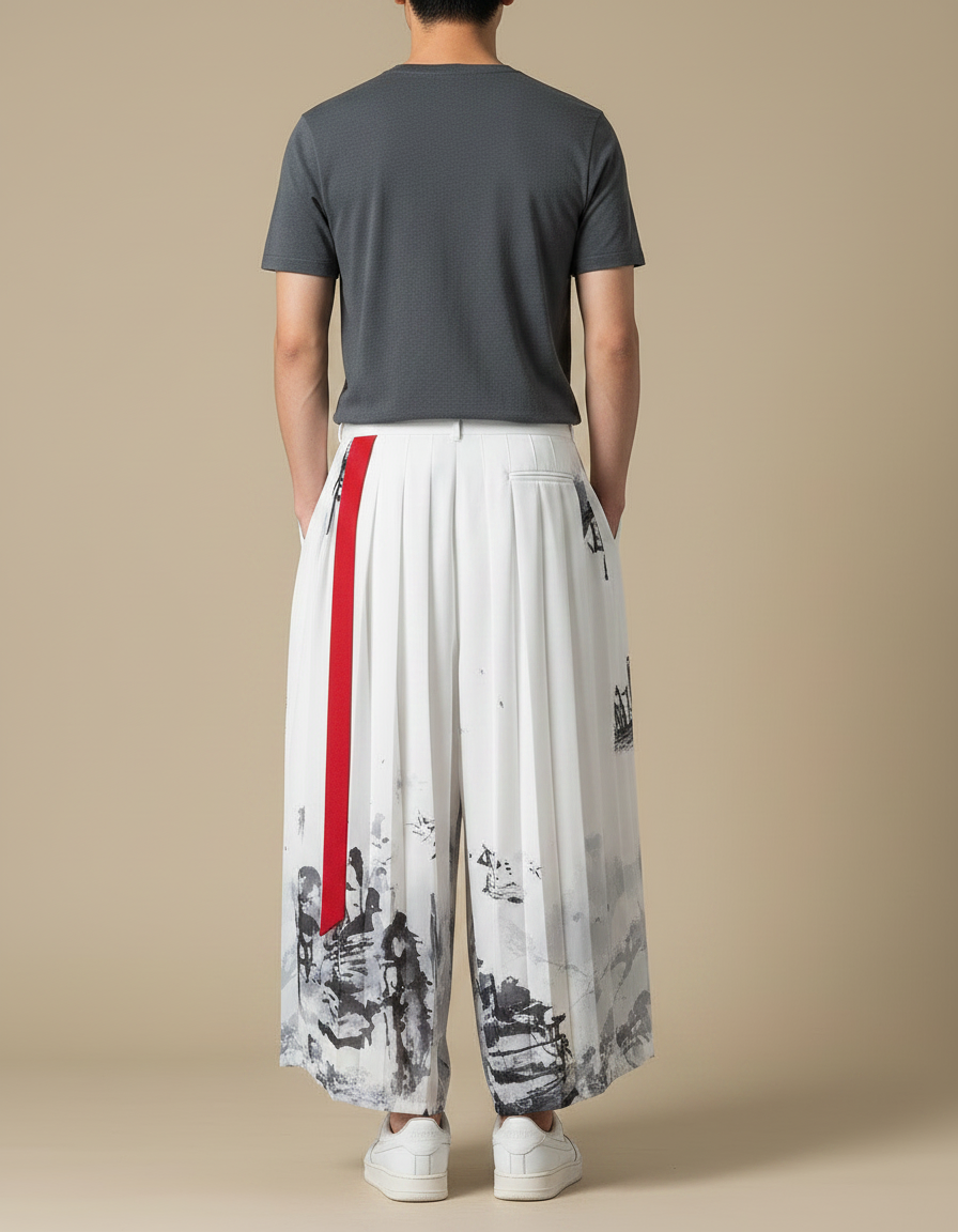 Pantalon Japonais Blanc Plissé Imprimé Encre Rouge - Polyester - vue 2