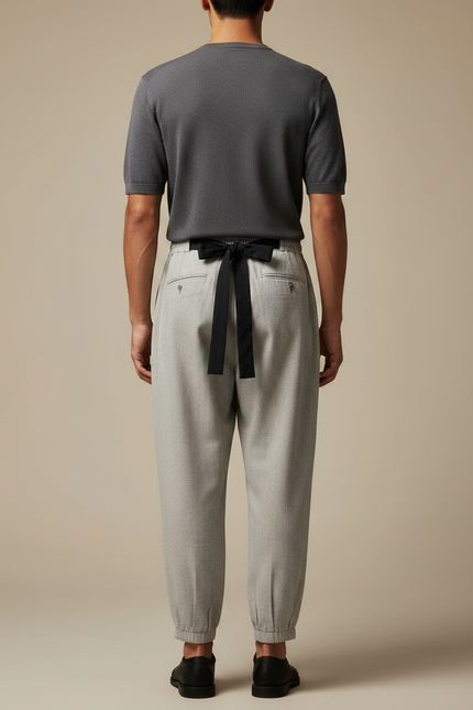 Pantalon Japonais Gris Ample Cordon Noir Élégant - Laine - vue 2
