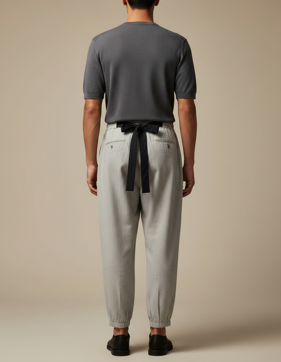 Pantalon Japonais Gris Ample Cordon Noir Élégant - Laine - vue 2