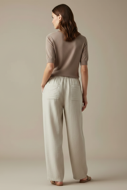 Pantalon Japonais Large Lin Imprimé Chat Décontracté - Beige - vue 2
