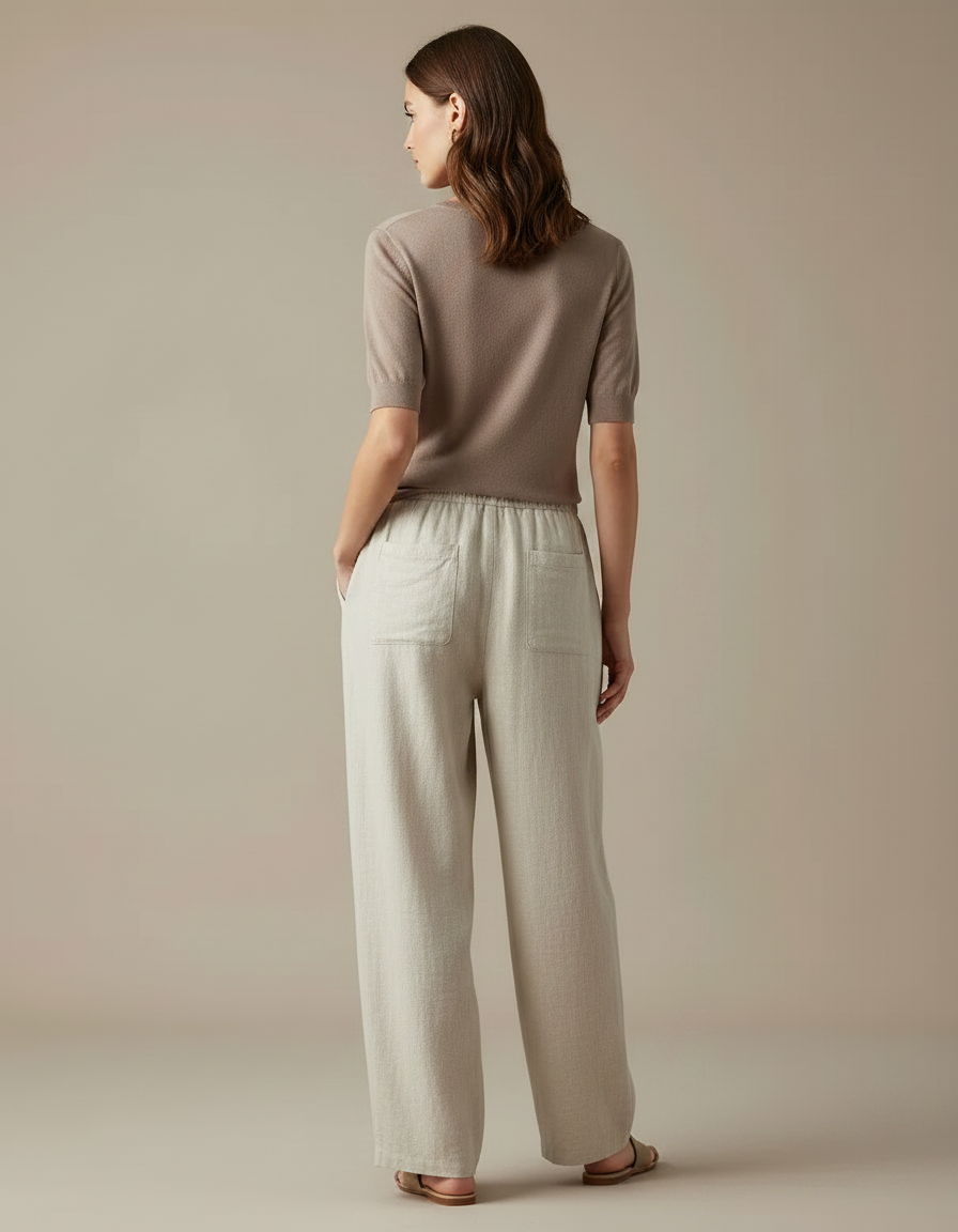 Pantalon Japonais Large Lin Imprimé Chat Décontracté - Beige - vue 2