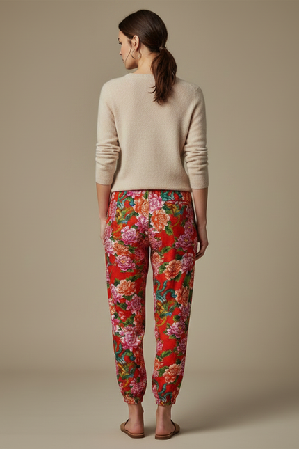 Pantalon Japonais Rouge Fleuri Ample Fluide Estival - Viscose - vue 2