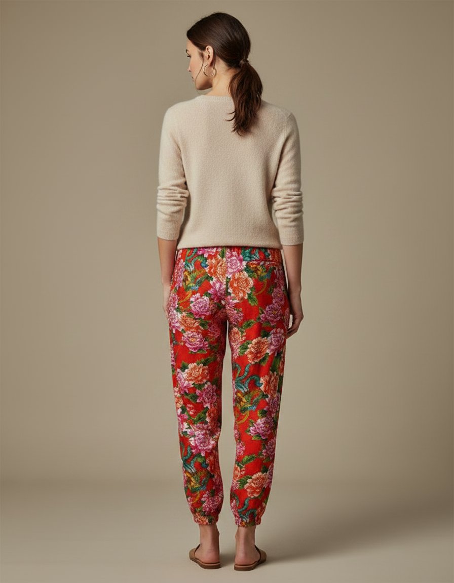 Pantalon Japonais Rouge Fleuri Ample Fluide Estival - Viscose - vue 2