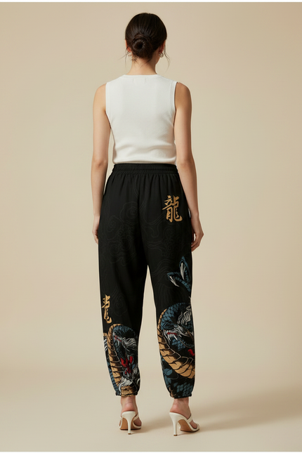 Pantalon Japonais Noir Imprimé Dragon Ample Streetwear - Polyester - vue 2