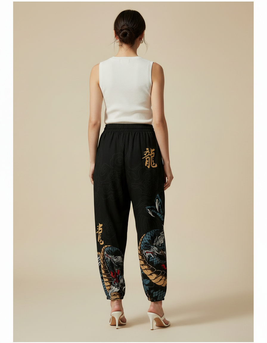 Pantalon Japonais Noir Imprimé Dragon Ample Streetwear - Polyester - vue 2
