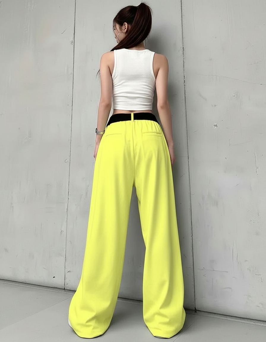 Pantalon Japonais Jaune Fluorescent Ample Imprimé Streetwear Femme - Polyester - vue 2