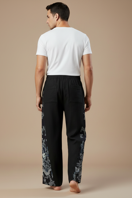 Pantalon Japonais Noir Dragon Ample Coton Lin Homme - vue 2