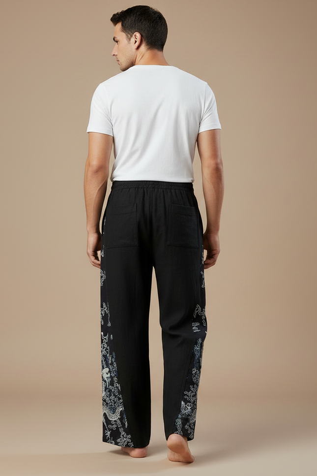 Pantalon Japonais Noir Dragon Ample Coton Lin Homme - vue 2