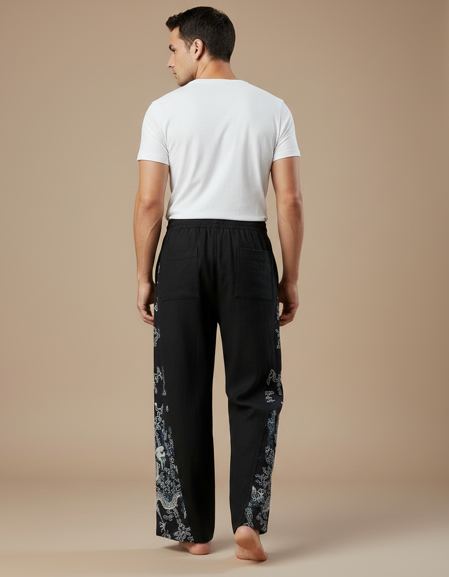 Pantalon Japonais Noir Dragon Ample Coton Lin Homme - vue 2