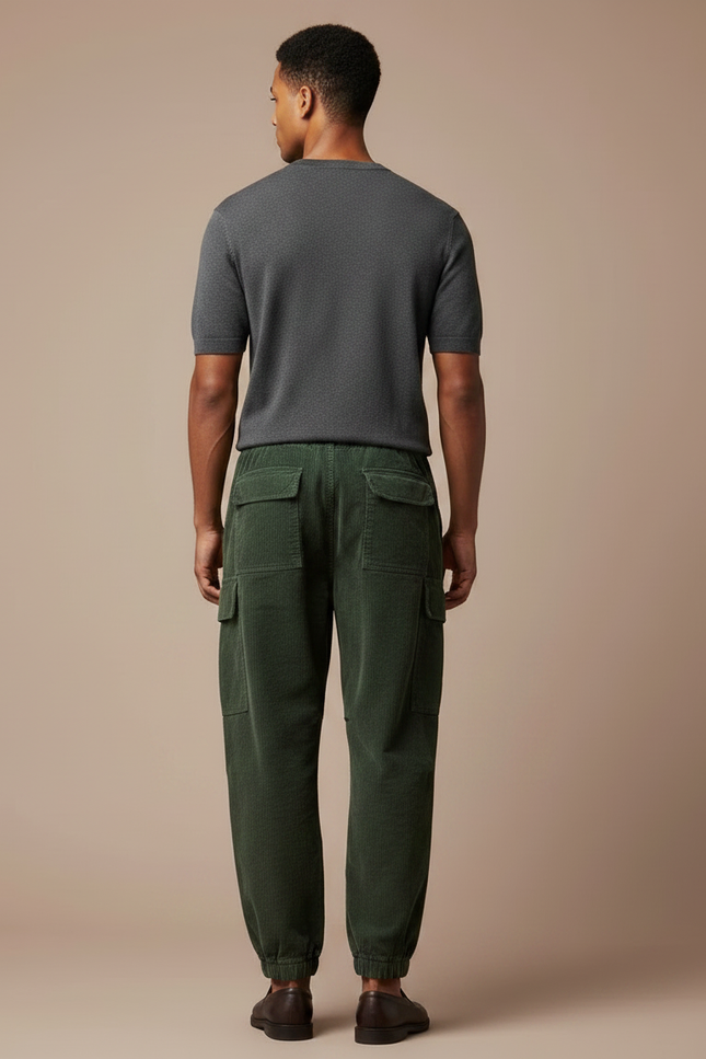 Pantalon Japonais Cargo Vert Côtelé Ample Homme - Cordé - vue 2
