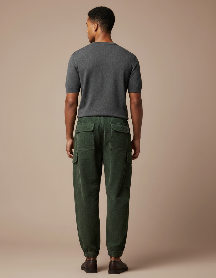 Pantalon Japonais Cargo Vert Côtelé Ample Homme - Cordé - vue 2