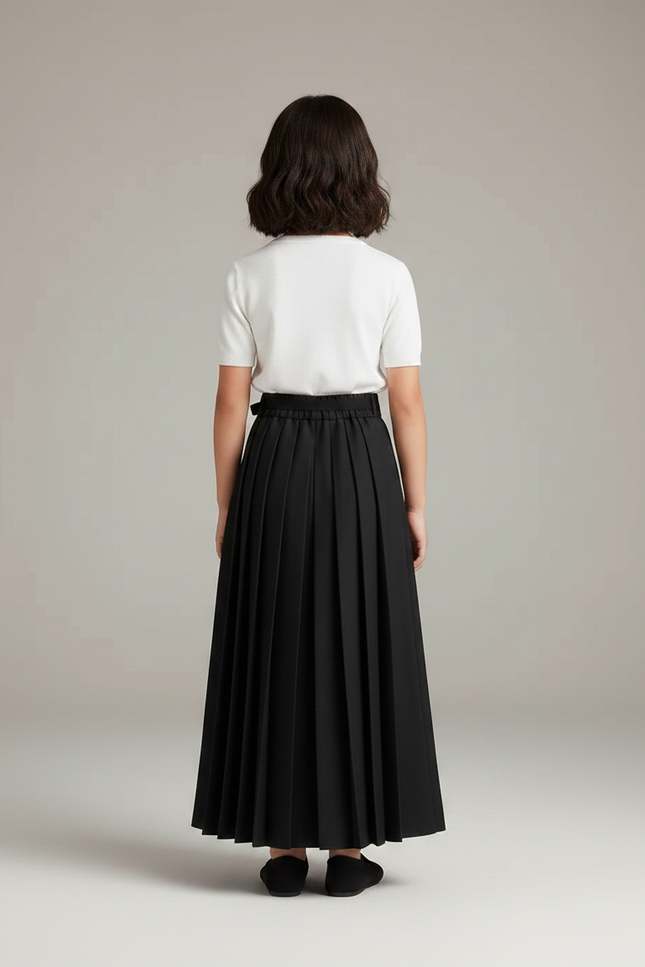 Pantalon Japonais Noir Plissé Ample Long Ceinturé - Polyester - vue 2
