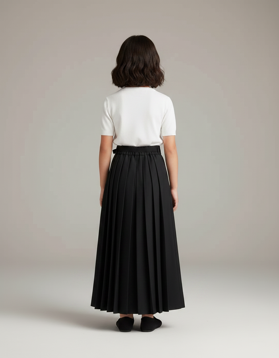 Pantalon Japonais Noir Plissé Ample Long Ceinturé - Polyester - vue 2