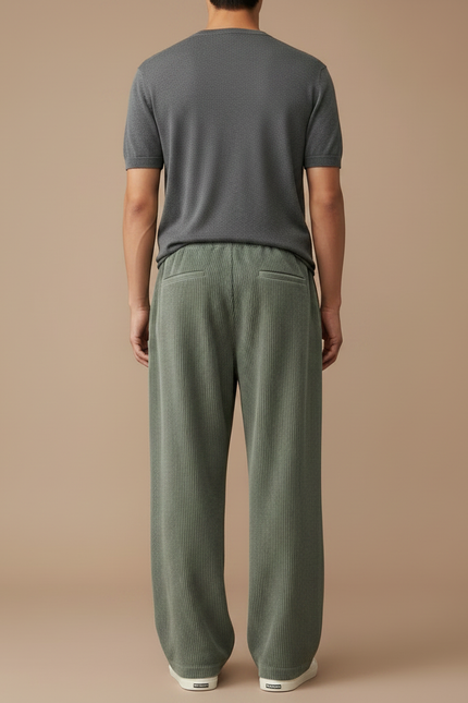 Pantalon Japonais Vert Côtelé Ample Cordon Décontracté - Kaki Cordé - vue 2