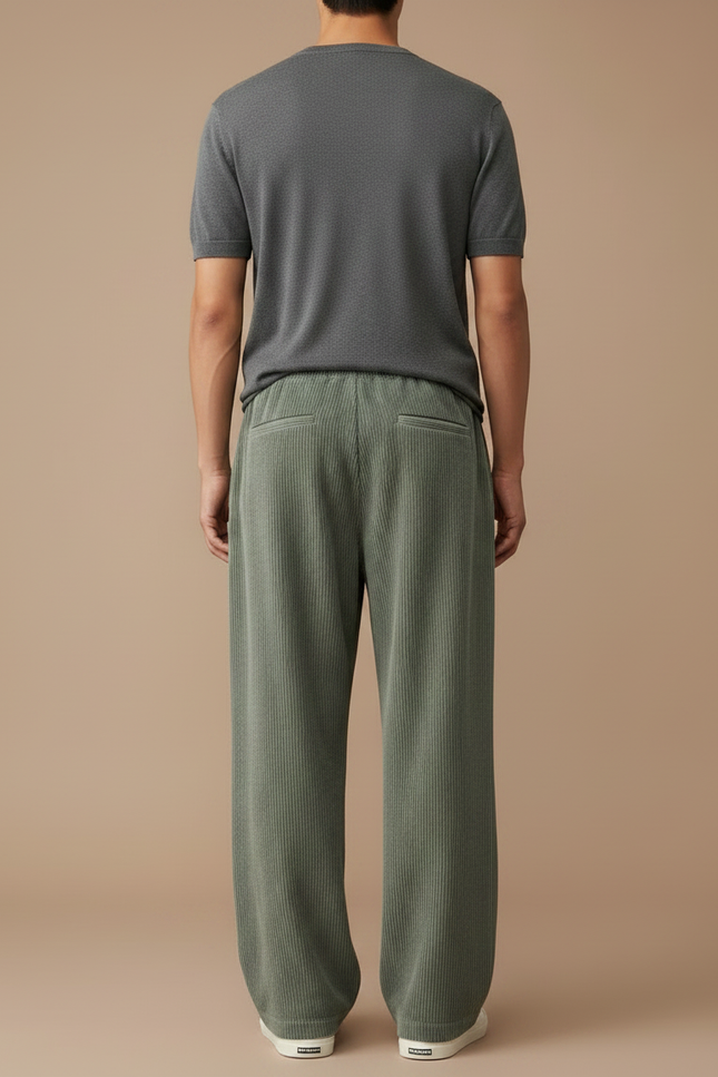 Pantalon Japonais Vert Côtelé Ample Cordon Décontracté - Kaki Cordé - vue 2