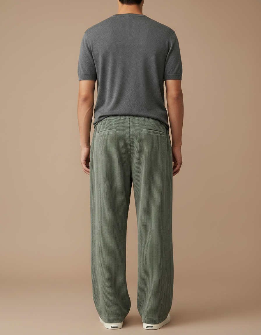 Pantalon Japonais Vert Côtelé Ample Cordon Décontracté - Kaki Cordé - vue 2