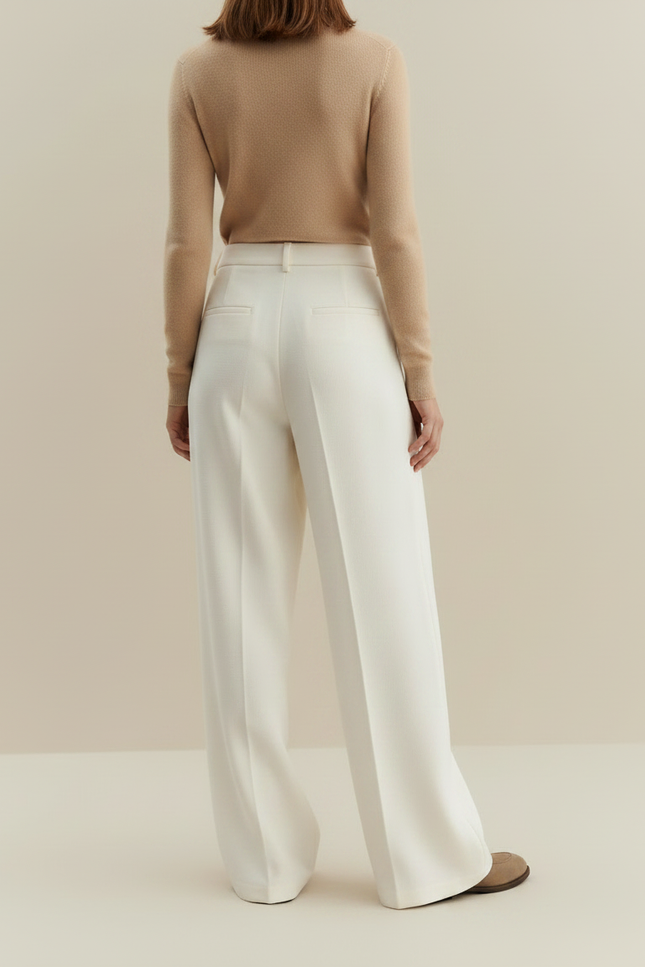 Pantalon Japonais Crème Ample Droit Élégant Fluide - Blanc Polyester - vue 2