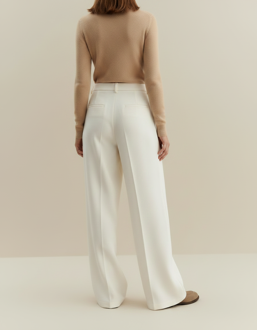 Pantalon Japonais Crème Ample Droit Élégant Fluide - Blanc Polyester - vue 2