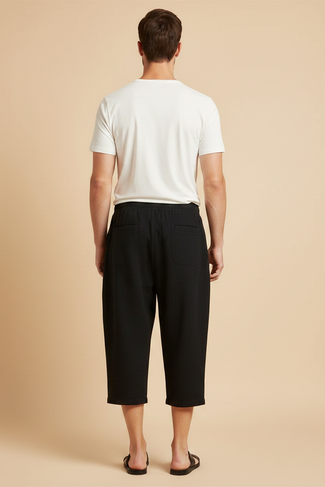 Pantalon Japonais Noir Coton Ample Court Décontracté - Lin - vue 2