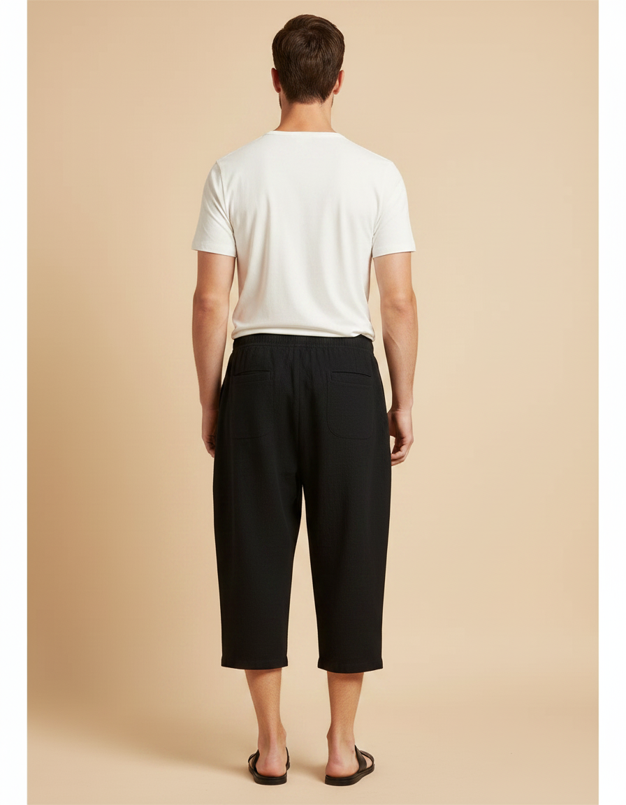 Pantalon Japonais Noir Coton Ample Court Décontracté - Lin - vue 2
