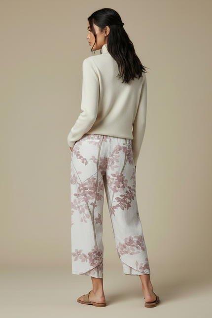 Pantalon Japonais Imprimé Floral Rose Ample Lin Coton - vue 2