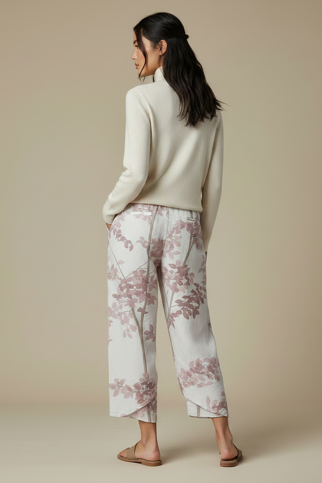 Pantalon Japonais Imprimé Floral Rose Ample Lin Coton - vue 2