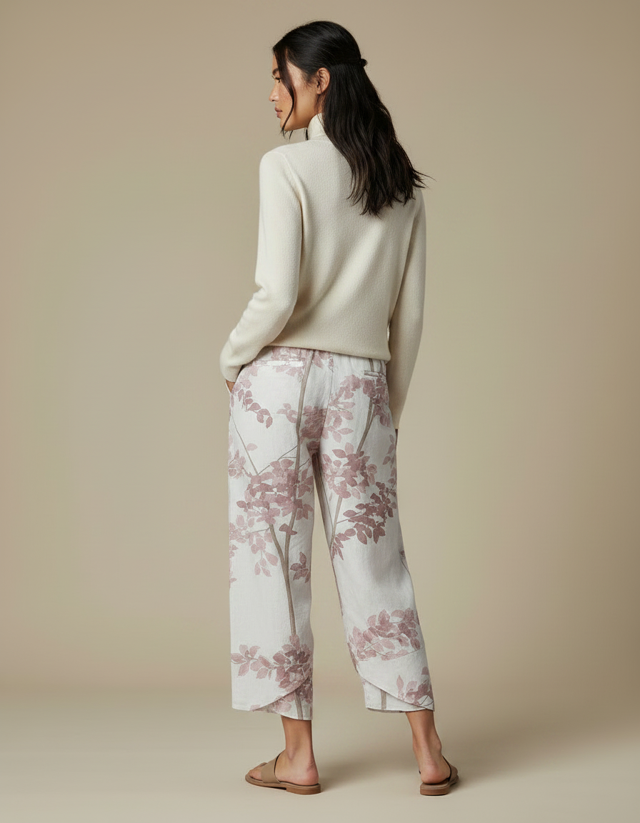 Pantalon Japonais Imprimé Floral Rose Ample Lin Coton - vue 2