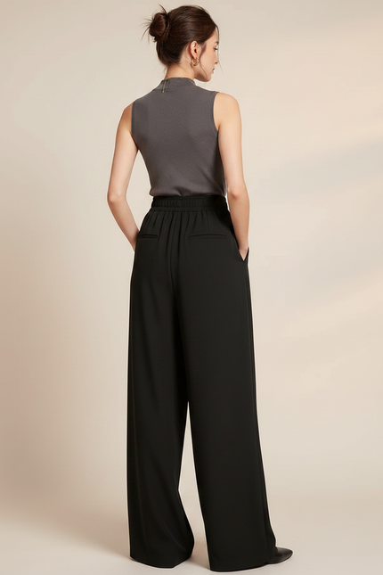 Pantalon Japonais Noir Fluide Ample Décontracté Femme - Polyester - vue 2