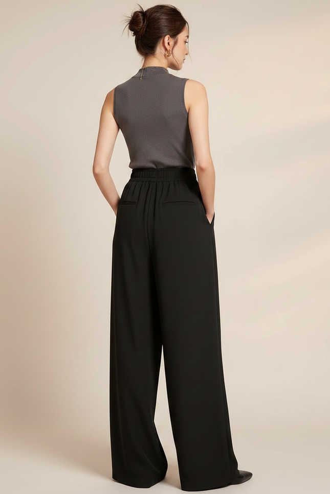 Pantalon Japonais Noir Fluide Ample Décontracté Femme - Polyester - vue 2