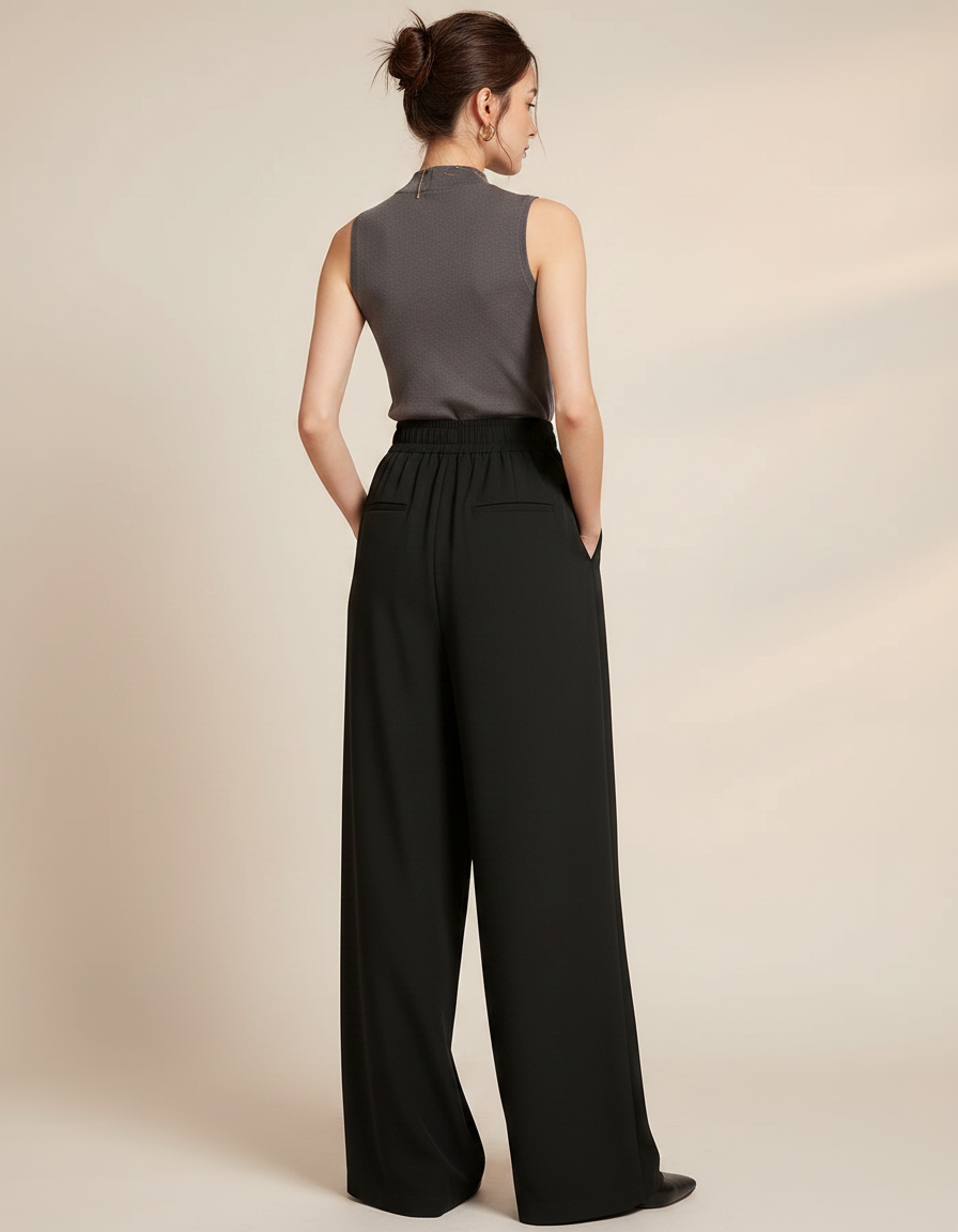 Pantalon Japonais Noir Fluide Ample Décontracté Femme - Polyester - vue 2