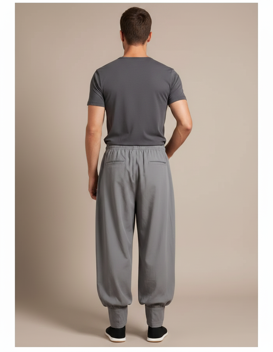 Pantalon Japonais Gris Ample Coton Fluide Homme - vue 2