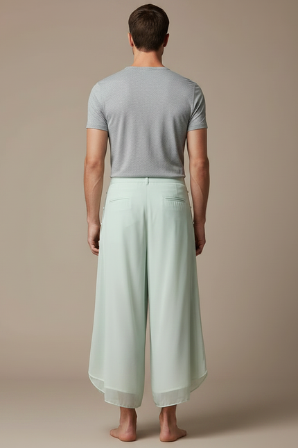 Pantalon Japonais Vert Ample Chiffon Brodé Léger - Soie - vue 2