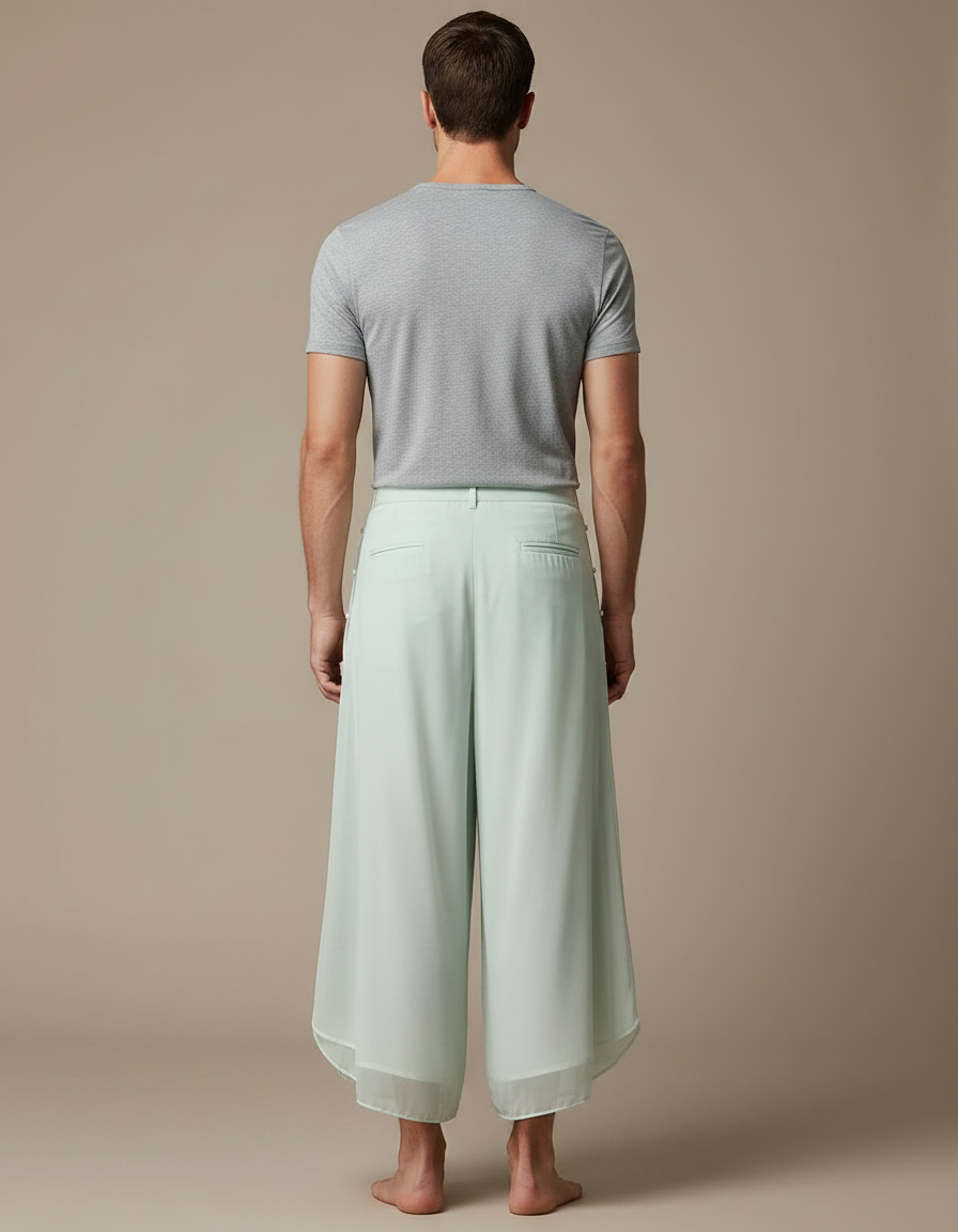 Pantalon Japonais Vert Ample Chiffon Brodé Léger - Soie - vue 2
