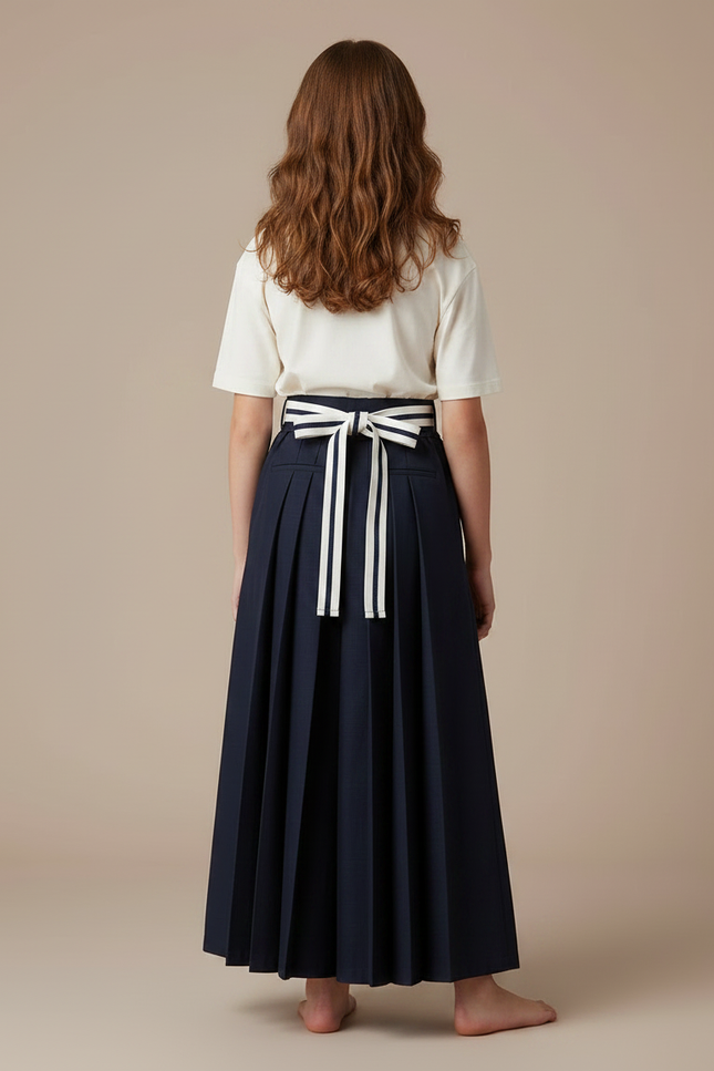 Pantalon Japonais Plissé Ample Marine Ceinturé Fille - Gabardine - vue 2