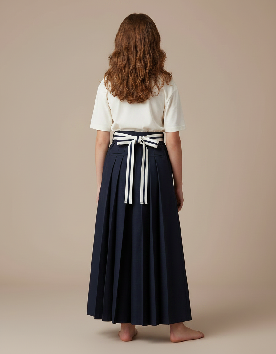 Pantalon Japonais Plissé Ample Marine Ceinturé Fille - Gabardine - vue 2