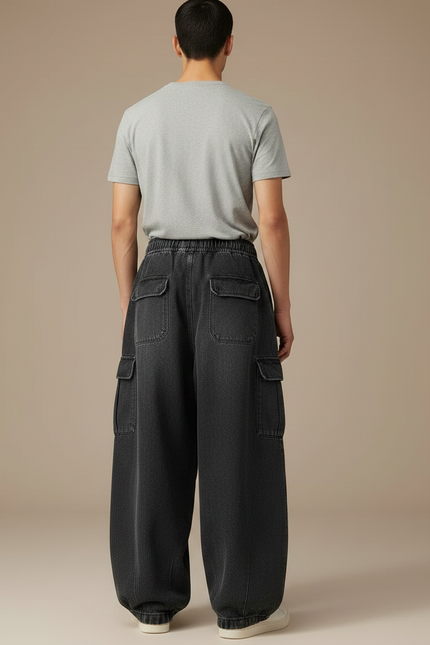 Pantalon Japonais Noir Cargo Ample Denim Cordon - Jean - vue 2