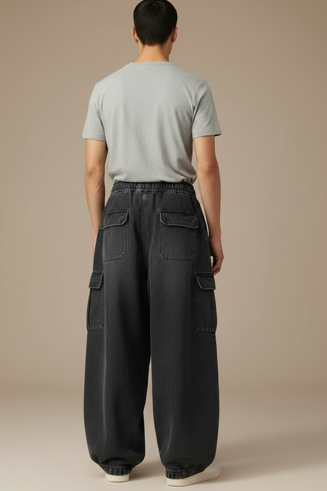 Pantalon Japonais Noir Cargo Ample Denim Cordon - Jean - vue 2