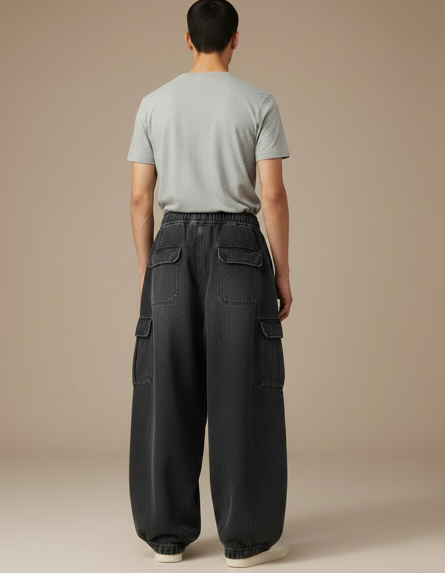 Pantalon Japonais Noir Cargo Ample Denim Cordon - Jean - vue 2