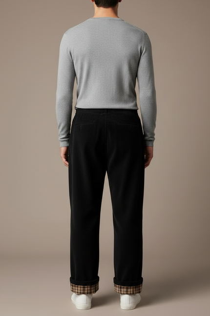 Pantalon Japonais Noir Côtelé Ample Décontracté Plaid - Cordé - vue 2