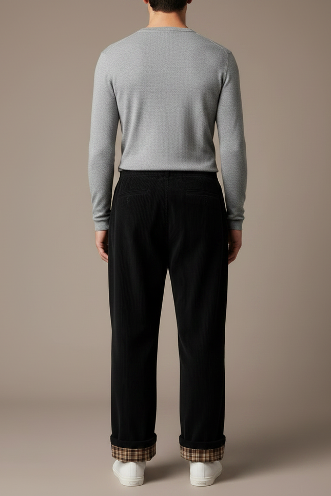 Pantalon Japonais Noir Côtelé Ample Décontracté Plaid - Cordé - vue 2