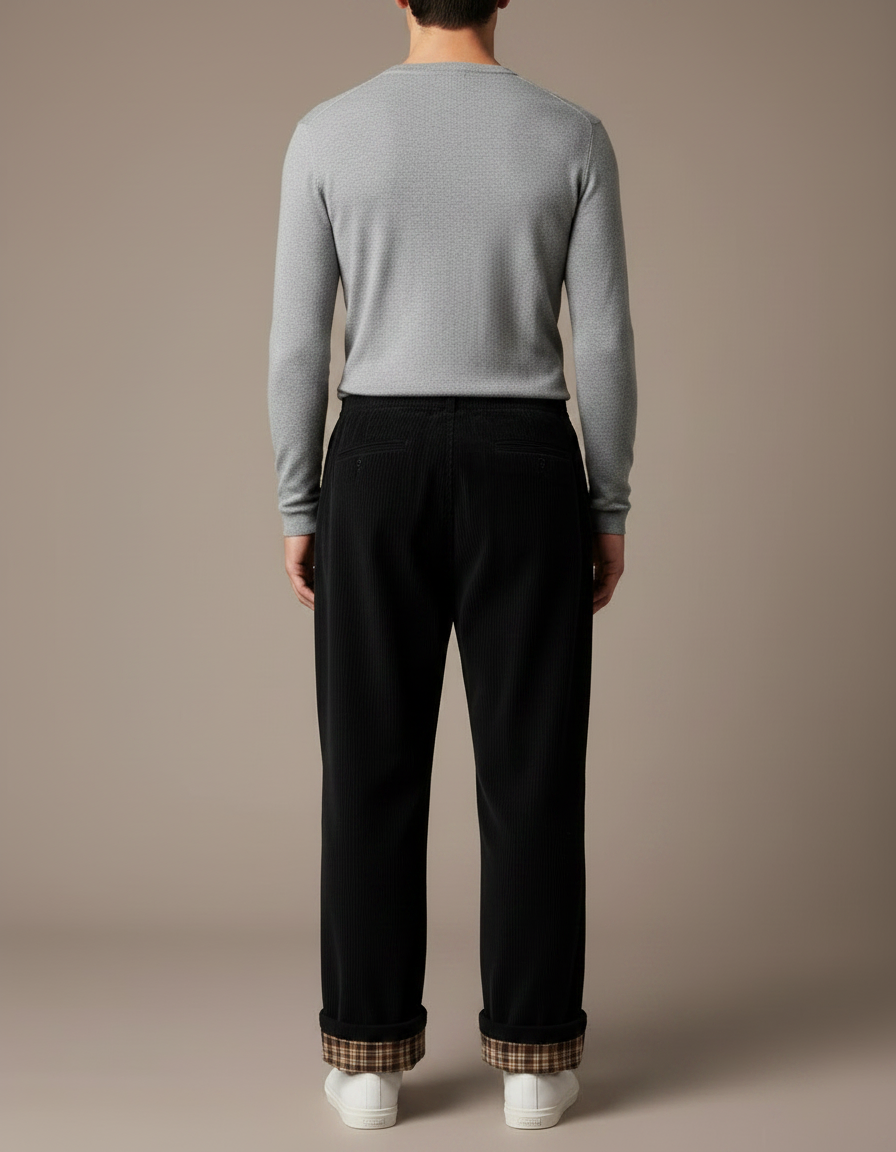 Pantalon Japonais Noir Côtelé Ample Décontracté Plaid - Cordé - vue 2