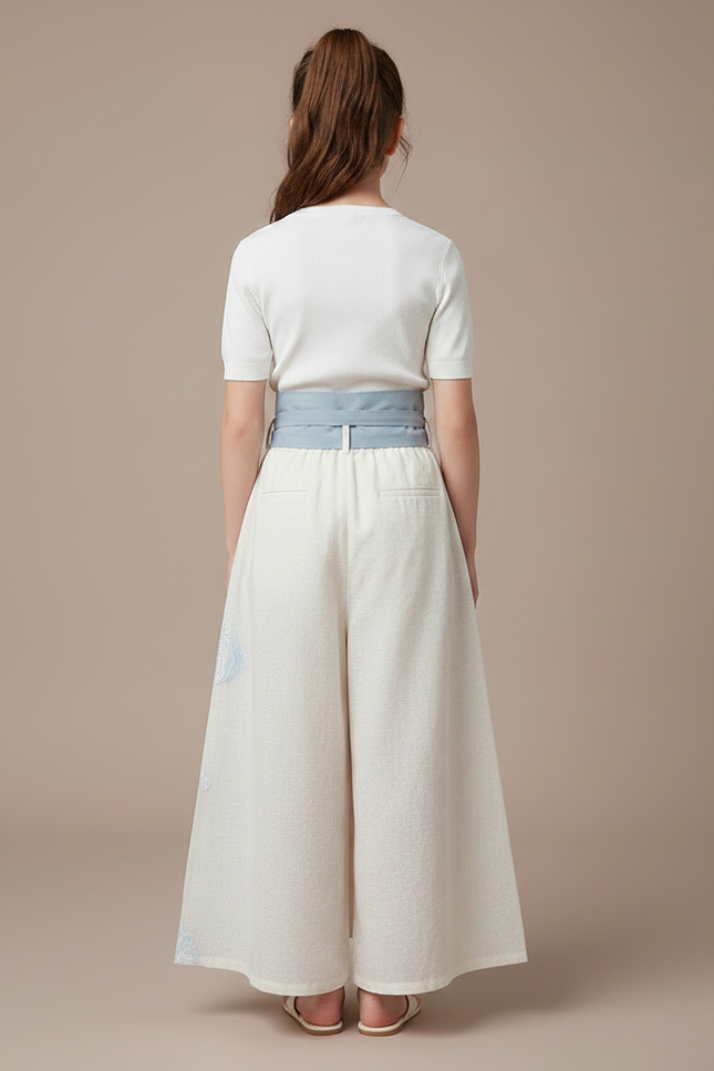 Pantalon Japonais Crème Ample Brodé Ceinturé Coton Fille - Beige - vue 2