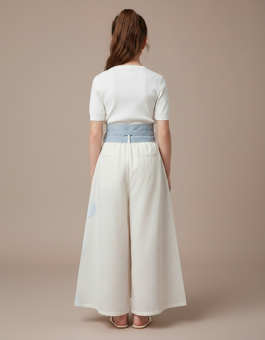 Pantalon Japonais Crème Ample Brodé Ceinturé Coton Fille - Beige - vue 2