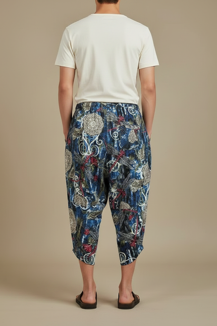 Pantalon Japonais Imprimé Sarouel Bleu Ample Décontracté Homme - Multicolore Lin - vue 2