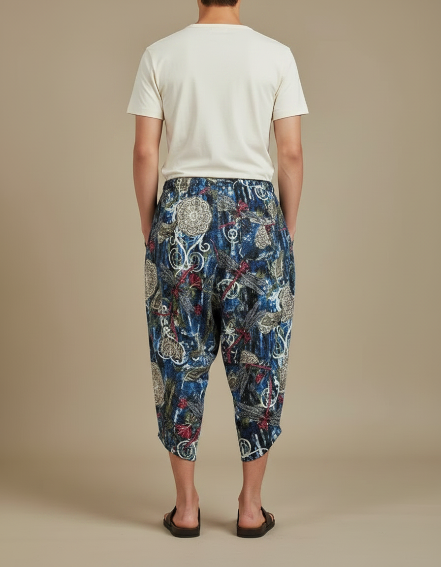 Pantalon Japonais Imprimé Sarouel Bleu Ample Décontracté Homme - Multicolore Lin - vue 2