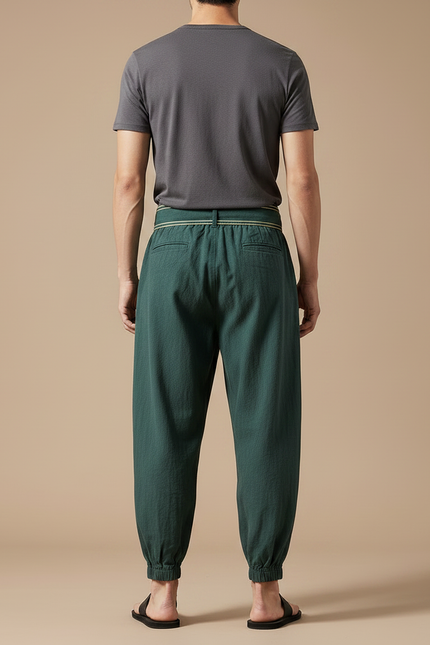 Pantalon Japonais Vert Lin Ample Ceinture Brodé Homme - vue 2