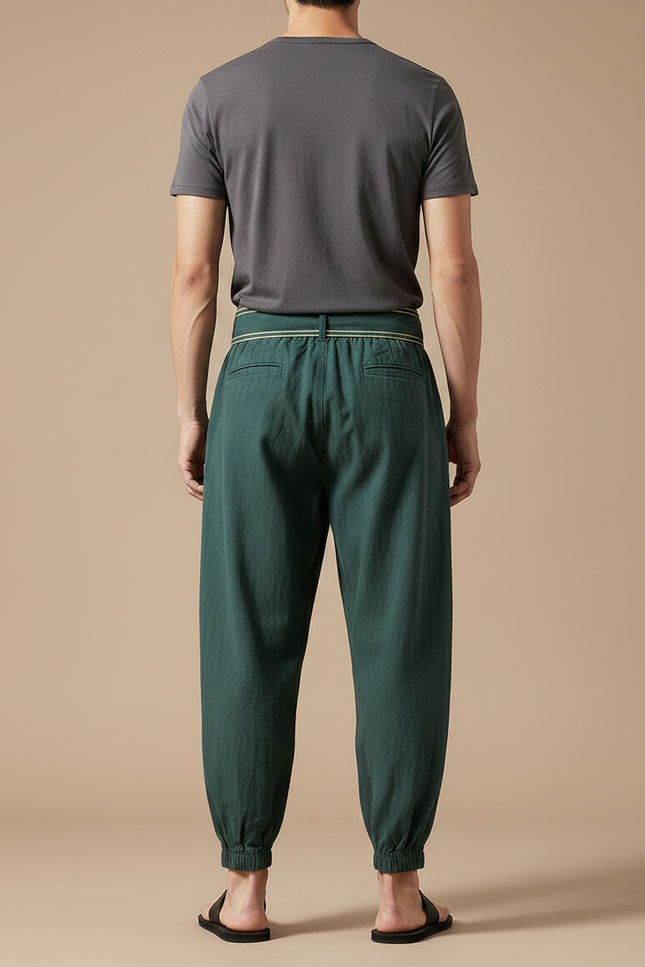Pantalon Japonais Vert Lin Ample Ceinture Brodé Homme - vue 2