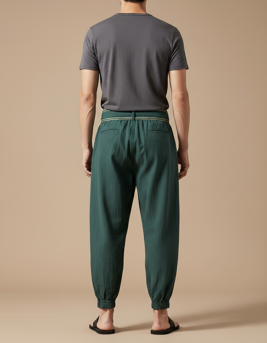 Pantalon Japonais Vert Lin Ample Ceinture Brodé Homme - vue 2