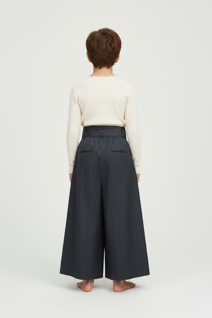 Pantalon Japonais Gris Plissé Ample Ceinturé Enfant - Gabardine - vue 2