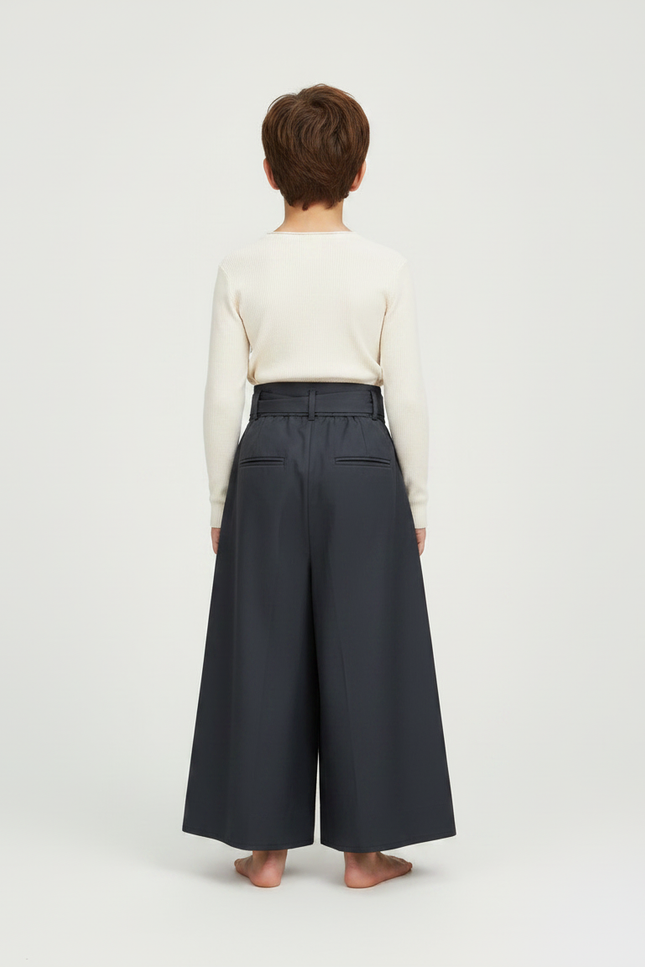 Pantalon Japonais Gris Plissé Ample Ceinturé Enfant - Gabardine - vue 2